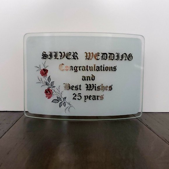 25th Wedding Annuversary Plaque Floral Frosted Glass Display Gift Party Table - Picture 2 of 6